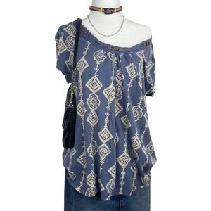 Boho Peasant Top Womens XL Sonoma Blue White Print Off Shoulder‎ Festival